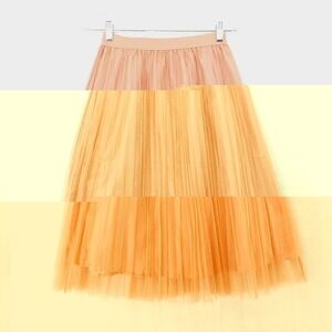 Pink Owl Pleated Mesh Pink Peach Elastic Band Summer Midi Skirt P3538